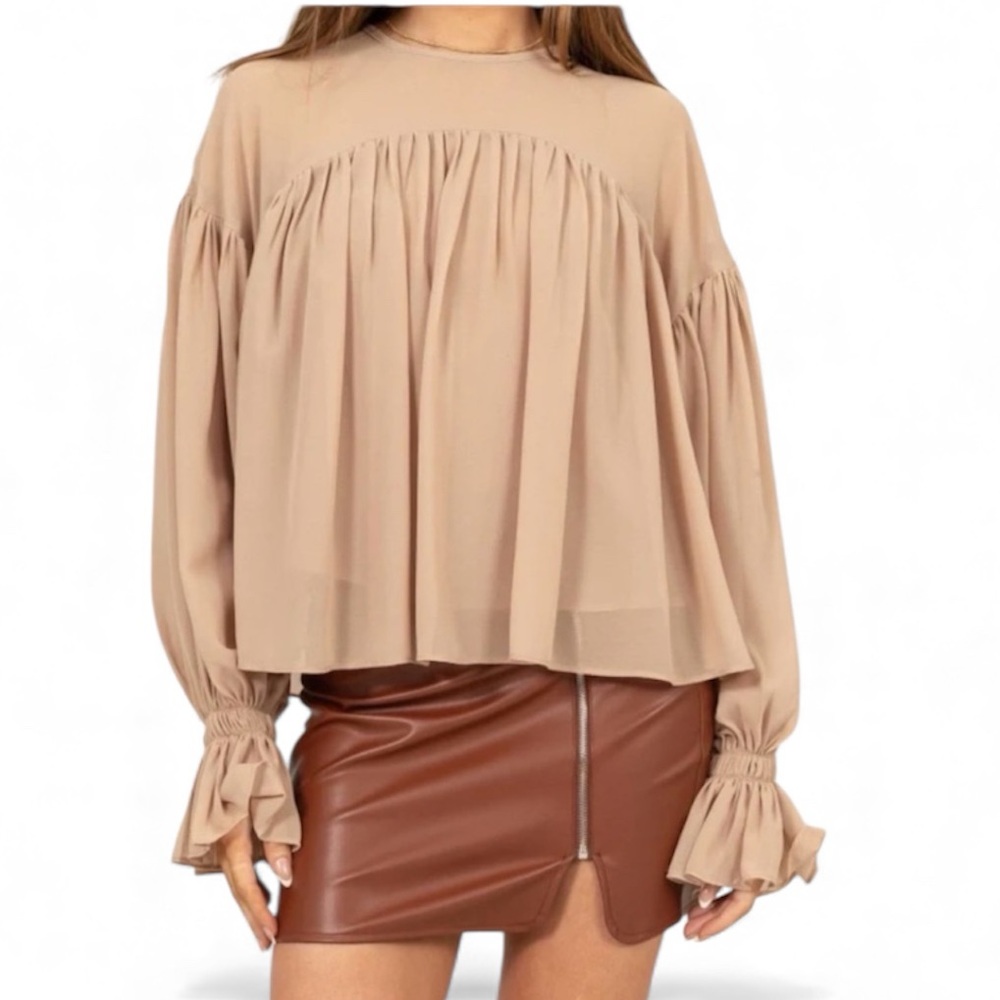 HYFVE Tan Sheer Flowy Blouse Ruffle Sleeve Oversized Top NWT